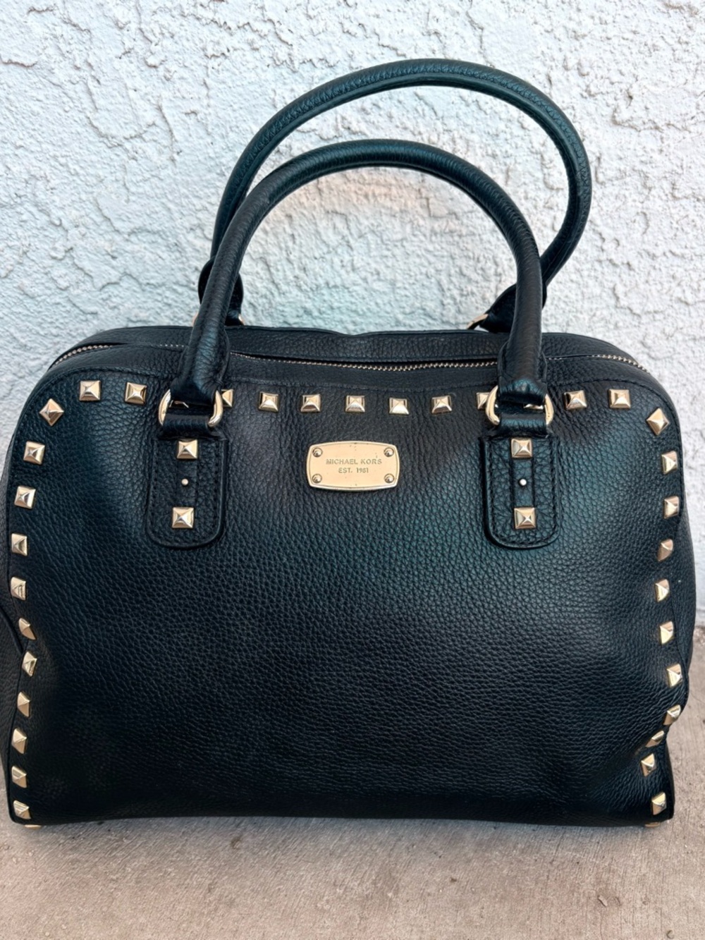 Michael Kors Black Leather Studded Satchel with Gold Hardware